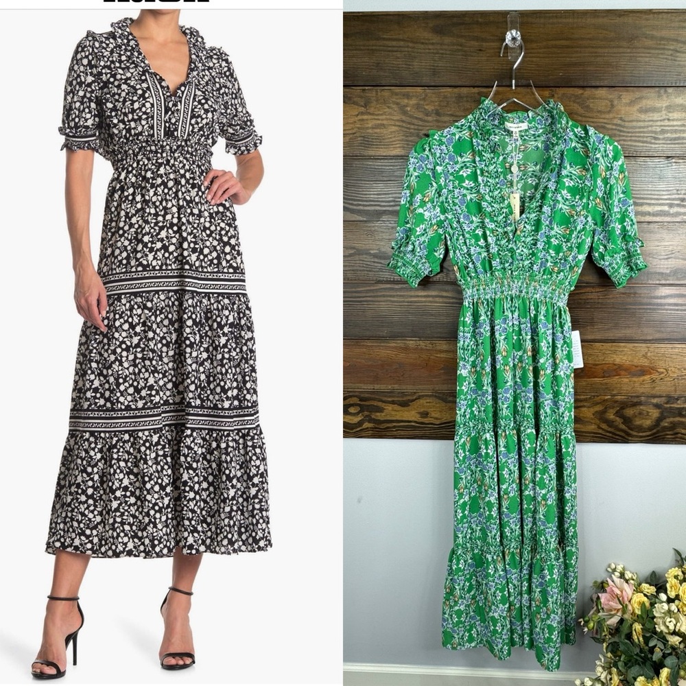Max Studio Green Floral Midi Dress with Smocked Waist